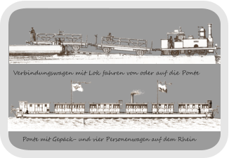 Ponte mit Gepäck- und vier Personenwagen auf dem Rhein Verbindungswagen mit Lok fahren von oder auf die Ponte